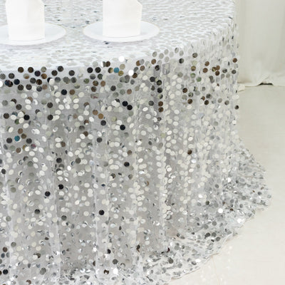 Sequin 132’’ Round Tablecloth Silver - Big Payette Table Cover - Tablecloths