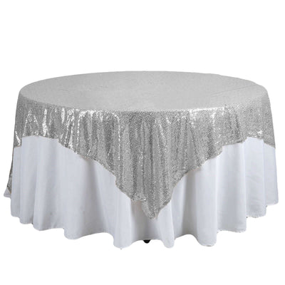 Sequin 90"x90" Table Overlay Square Tablecloth Silver - Sparkly Table Cover