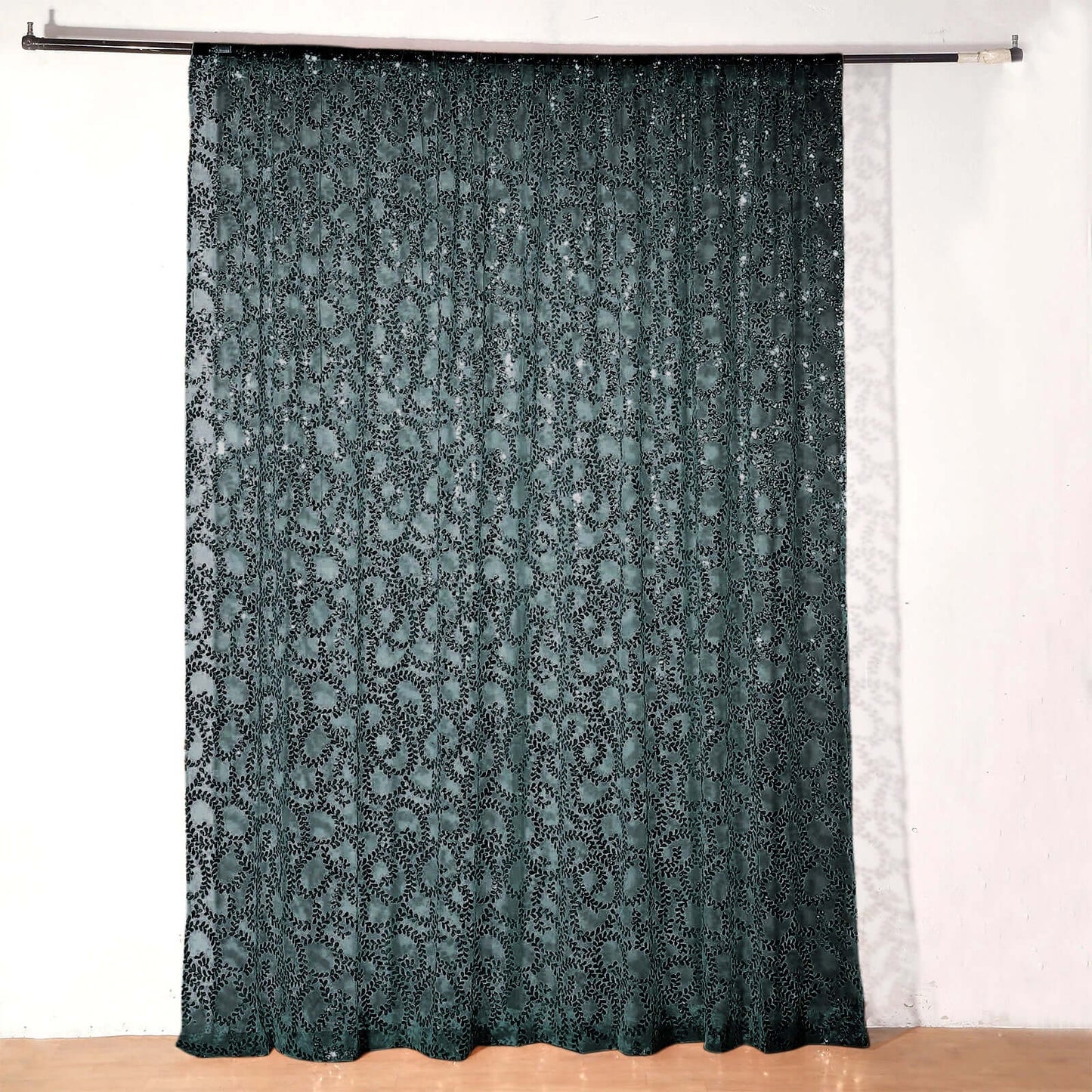 8ftx8ft Hunter Emerald Green Embroider Sequin Event Curtain Drapes, Sparkly Sheer Backdrop Event Panel With Embroidery Leaf