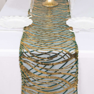 Sequin Mesh 12"x108" Table Runner Hunter Emerald Green/Gold Stylish Wave Embroidery