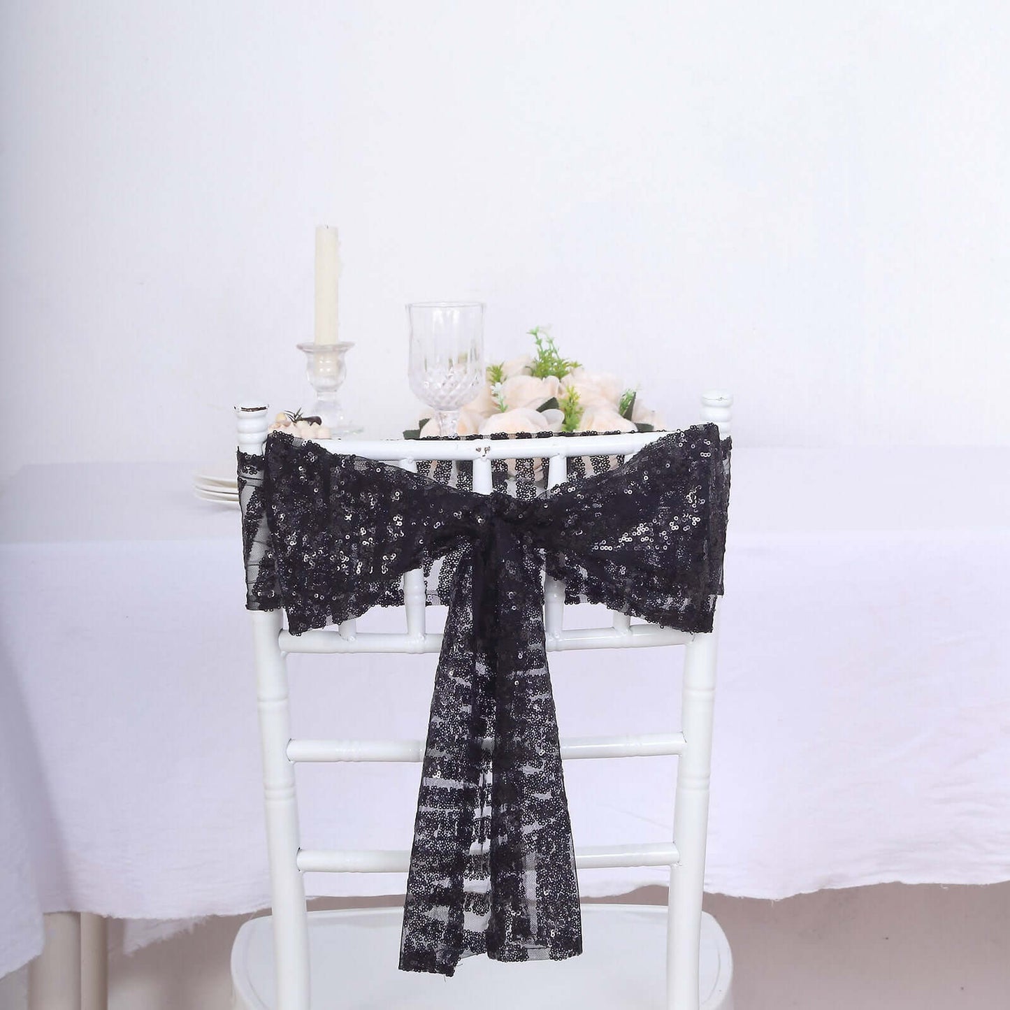 5 Pack Glitz Sequin Chair Sashes with Geometric Diamond Design 6"x88" Black - Glittering Accent for Weddings