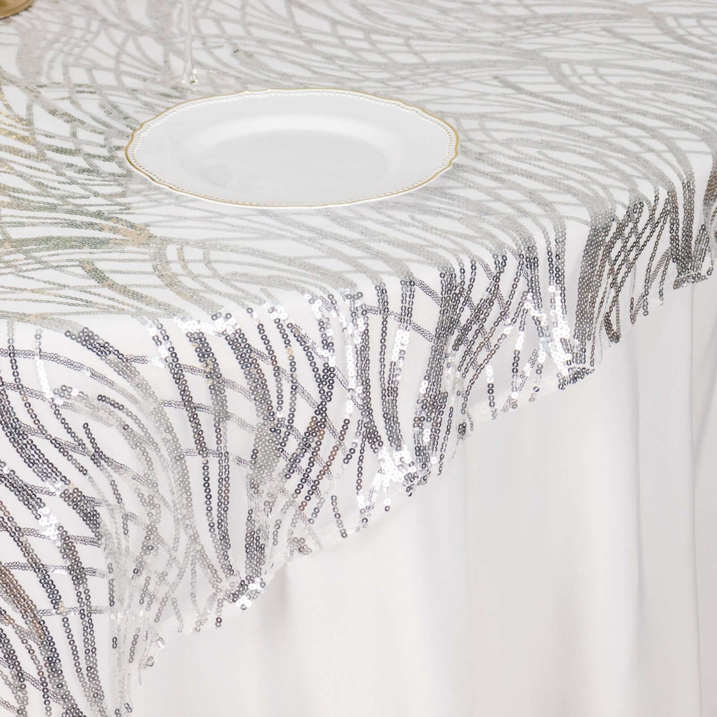 Mesh 72"x72" Table Overlay Square Tablecloth Silver - Wave Embroidered Sequins Table Topper