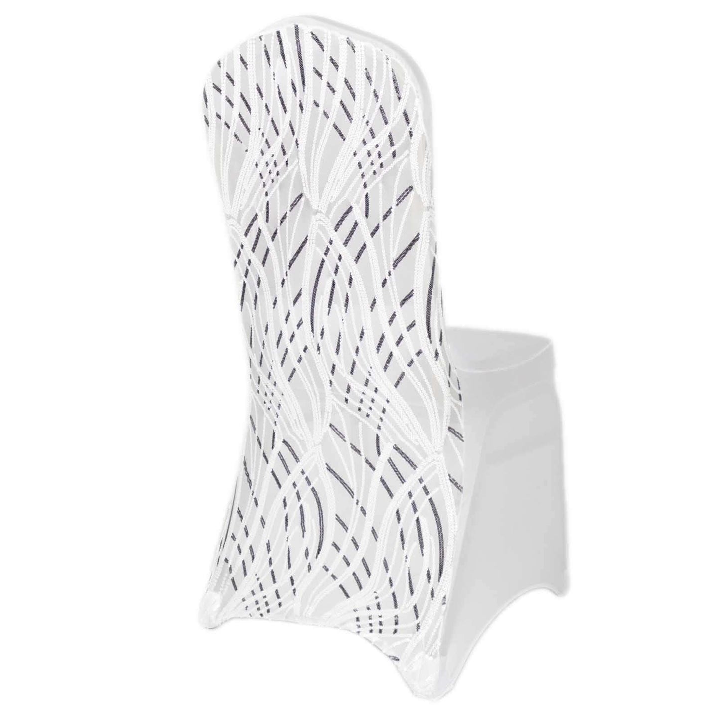 Spandex Chair Cover with Wave Embroidered Sequins for Banquet Chairs White/Black - Luxe Glittering Stretch Fitted Slipcover