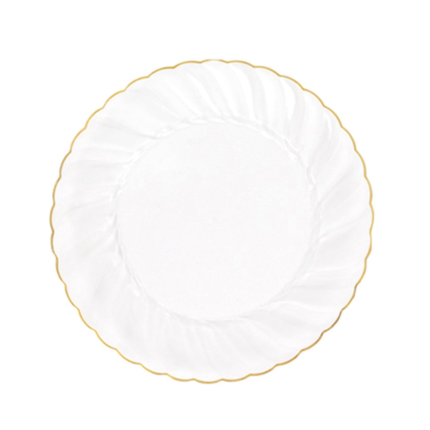 10-Pack Plastic 10" Round Dinner Plates in Clear with Gold Flair Rim - Disposable Party Plates for Upscale Banquets & Special Occasions