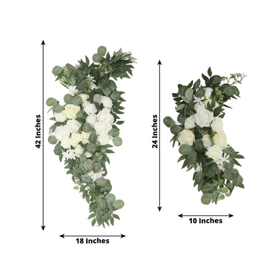 Set of 2 Silk Rose Floral Swag Wedding Arch Flowers in White with Eucalyptus Leaves Large Artificial Flower Arrangement