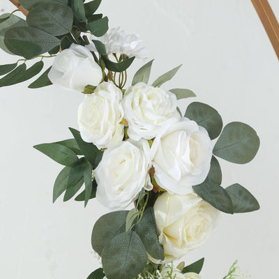 Set of 2 White Silk Rose Wedding Arch Flowers with Eucalyptus Leaves Artificial Floral Swag Arrangement Party