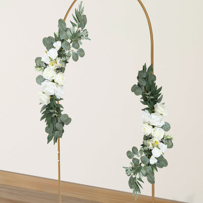 Set of 2 White Silk Rose Wedding Arch Flowers with Eucalyptus Leaves Artificial Floral Swag Arrangement Party