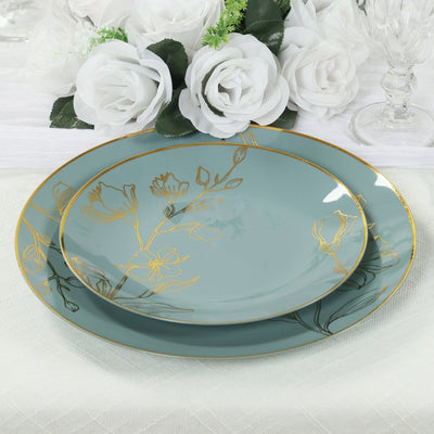 Set of 20 Dusty Blue Plastic Dinner Dessert Plates With Metallic Gold Floral Design Disposable Round Party Plates