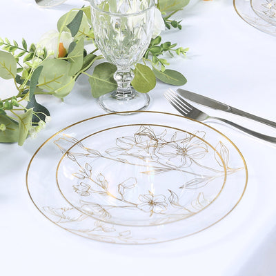Set of 20 Plastic Round Dinner and Dessert Plates in Clear with Metallic Gold Floral Design - Stylish Disposable