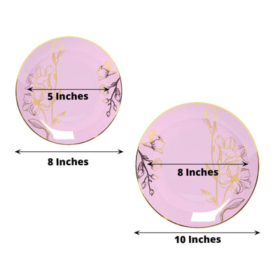Set of 20 Plastic Round Dinner and Dessert Plates in Lavender Lilac with Metallic Gold Floral Design - Stylish