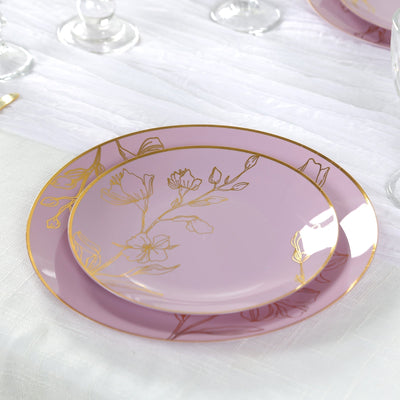 Set of 20 Plastic Round Dinner and Dessert Plates in Lavender Lilac with Metallic Gold Floral Design - Stylish