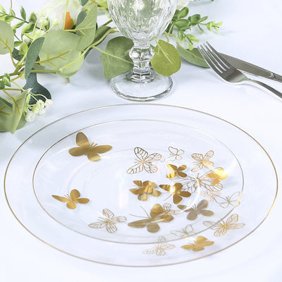 Set of 20 Plastic Round Dinner and Salad Plates in Clear with Gold Butterfly Design & Gold Rim - Stylish Disposable