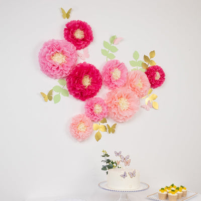 Set of 21 Tissue Paper Flowers Pom Poms Decor Kit â€“ Blush Pink 3D Chrysanth Floral Wall Decor with Butterflies &