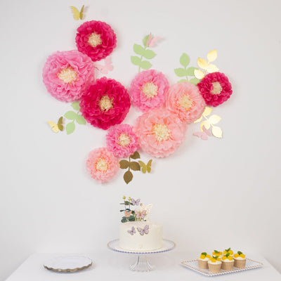 Set of 21 Tissue Paper Flowers Pom Poms Decor Kit â€“ Blush Pink 3D Chrysanth Floral Wall Decor with Butterflies &
