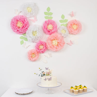 Set of 21 Tissue Paper Flowers Pom Poms Decor Kit â€“ White Pink 3D Chrysanth Floral Wall Decor with Butterflies &