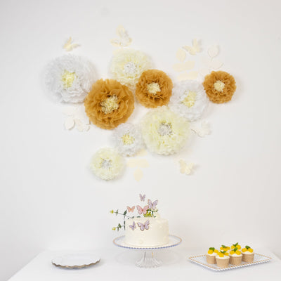 Set of 21 Tissue Paper Flowers Pom Poms Decor Kit â€“ White Ivory 3D Chrysanth Floral Wall Decor with Butterflies & Olive Leaves - 8",10",12"