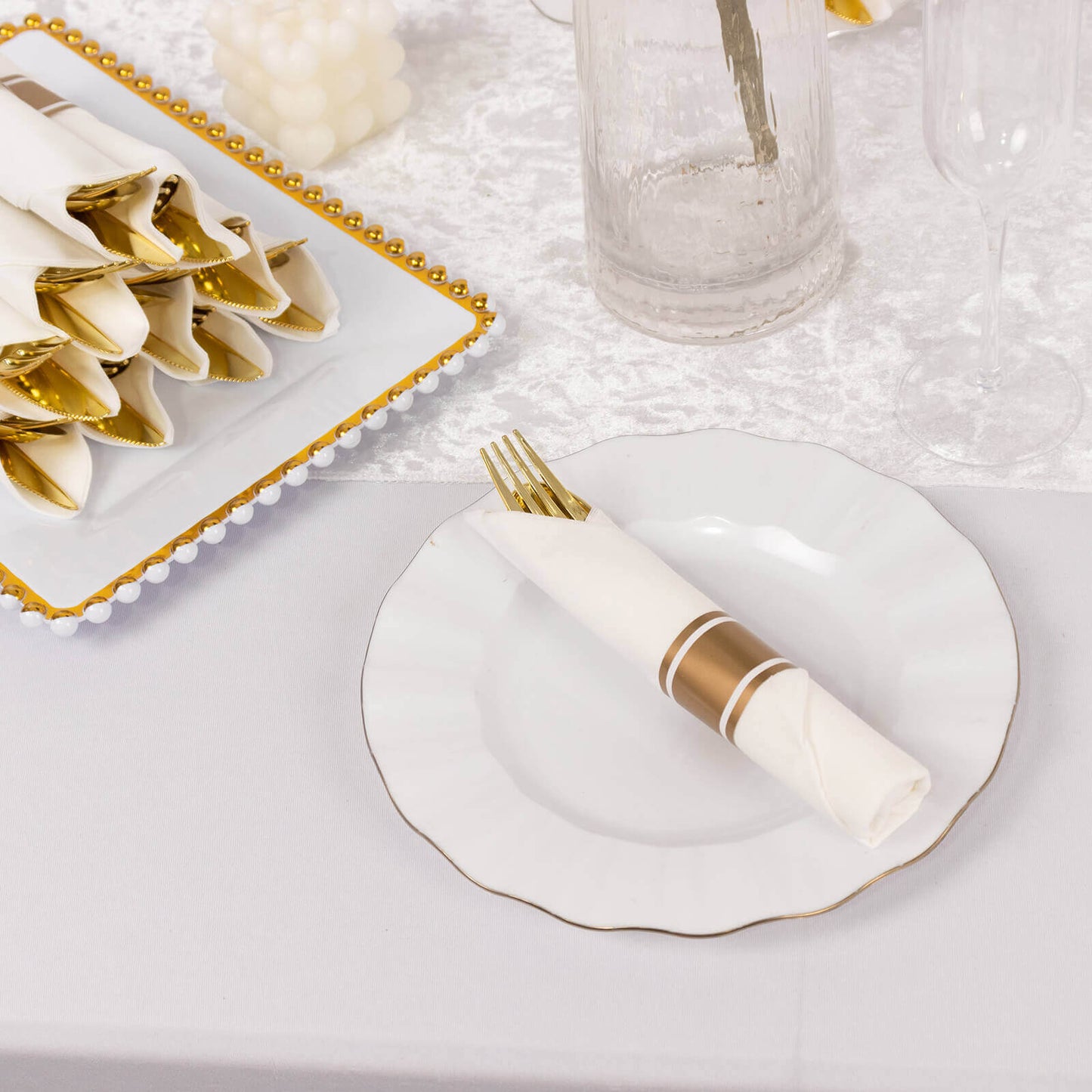 Set of 24 Gold Plastic Silverware with Pre-Rolled White Paper Napkins - Disposable Wrapped Fork, Spoon, and Knife Set