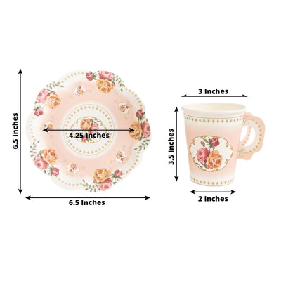 Set of 25 Paper Cups and Saucers in Dusty Rose with Rose Floral Print - Vintage Inspired Disposable Tea Party