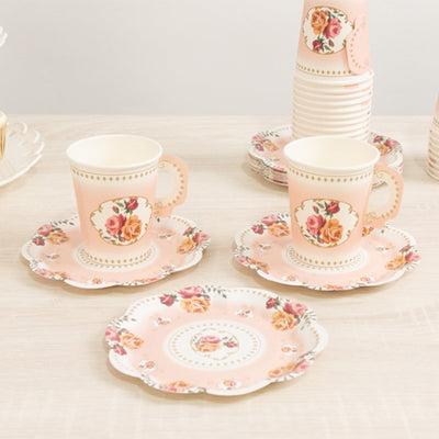 Set of 25 Paper Cups and Saucers in Dusty Rose with Rose Floral Print - Vintage Inspired Disposable Tea Party
