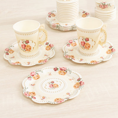 Set of 25 Paper Cups and Saucers in Ivory with Rose Floral Print for Birthdays & Floral Themed Events - Disposables