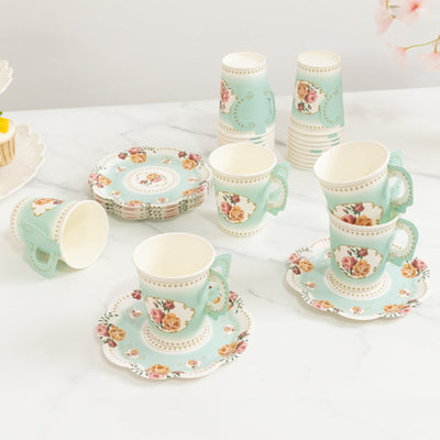 Set of 25 Paper Cups and Saucers in Turquoise with Rose Floral Print - Vintage Inspired Disposable Tea Party
