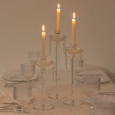 Set of 3 Acrylic Taper Candle Holders with Hanging Bead & Prism Accents â€“ Elegant Candlestick Stands - 11’’,13’’,15’’
