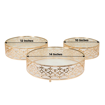 Set of 3 Cake Stands Baroque Ornate Design with Glass Top Gold - Stackable Dessert Display Trays Metal 10’’ 12’’ 14’’