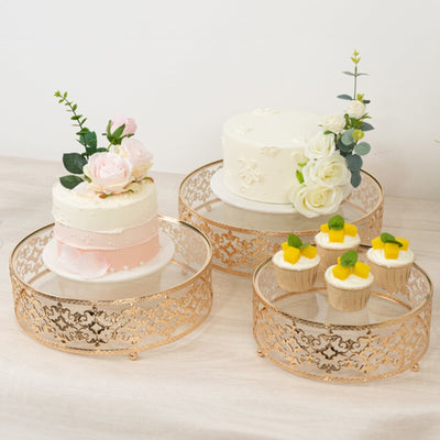 Set of 3 Cake Stands Baroque Ornate Design with Glass Top Gold - Stackable Dessert Display Trays Metal 10’’ 12’’ 14’’