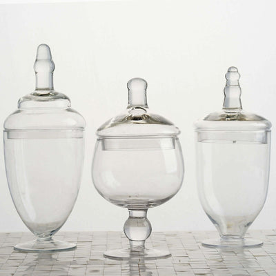Set of 3 Glass Jars Apothecary Design Clear and Snap-On Lids - Stylish Decorative Candy Buffet Storage 8.5", 9", 10"