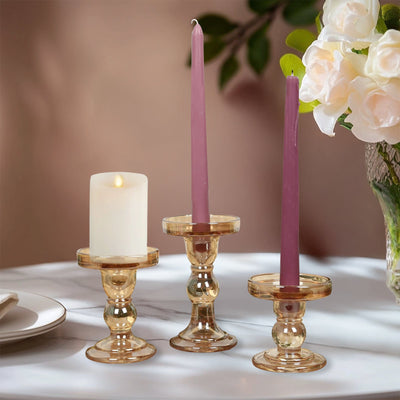 Set of 3 Glass Pillar Candle Holders Amber Gold with Round Tray - Crystal Ball Stem Taper Candlestick Tea Light Stands