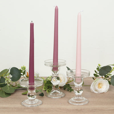 Set of 3 Glass Pillar Candle Holders Clear with Round Tray - Crystal Ball Stem Taper Candlestick Tea Light Stands 3.5’’