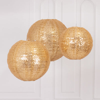 Set of 3 Glitter Gold Sequin Fabric Hanging Lanterns Decorative Round Foldable Chinese Lantern Lampshades