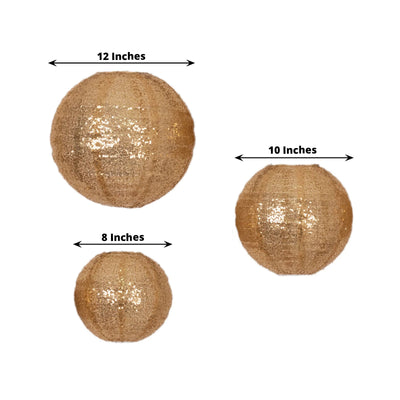 Set of 3 Glitter Gold Sequin Fabric Hanging Lanterns Decorative Round Foldable Chinese Lantern Lampshades