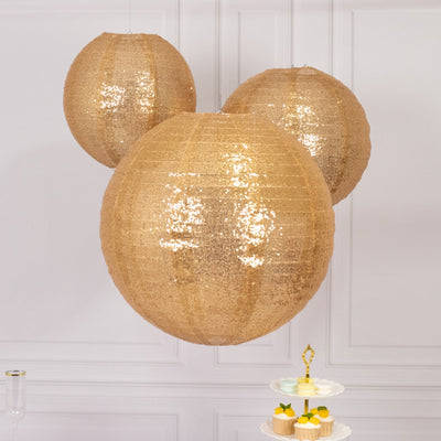 Set of 3 Glitter Gold Sequin Fabric Hanging Lanterns Large Decorative Round Foldable Chinese Lantern Lampshades