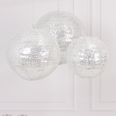 Set of 3 Glitter Silver Sequin Fabric Hanging Lanterns Decorative Round Foldable Chinese Lantern Lampshades