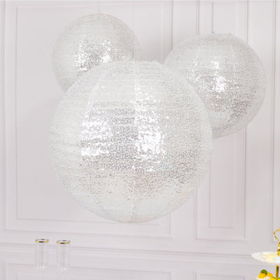 Set of 3 Glitter Silver Sequin Fabric Hanging Lanterns Large Decorative Round Foldable Chinese Lantern Lampshades