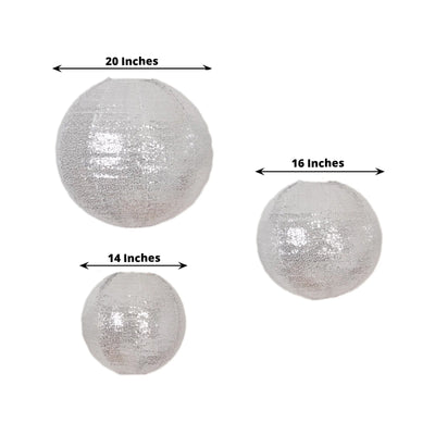 Set of 3 Glitter Silver Sequin Fabric Hanging Lanterns Large Decorative Round Foldable Chinese Lantern Lampshades
