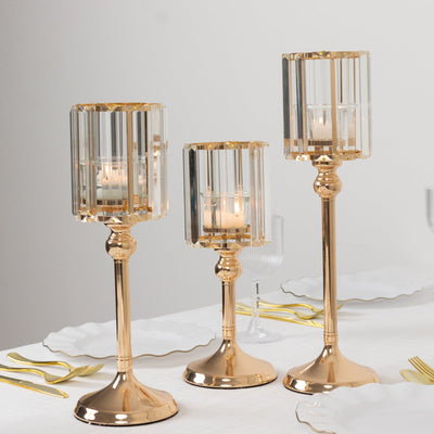 Set of 3 Gold Crystal Pendant Hurricane Candle Holders Elegant Cylindrical Design for Pillar Candles Decorative Table