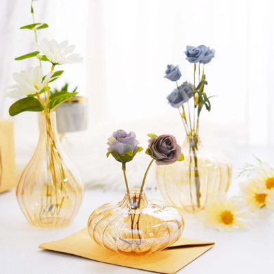 Set of 3 Gold Glass Ribbed Design Mini Flower Bud Vases, Table Centerpiece Set - Assorted Sizes