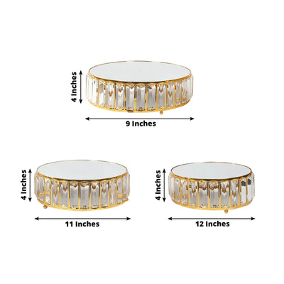 Set of 3 Gold Metal Crystal Pendant Cake Stands with Mirror Top Stackable Round Dessert Display Trays - 9’’,11’’,12’’