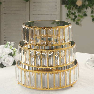 Set of 3 Gold Metal Crystal Pendant Cake Stands with Mirror Top Stackable Round Dessert Display Trays - 9’’,11’’,12’’