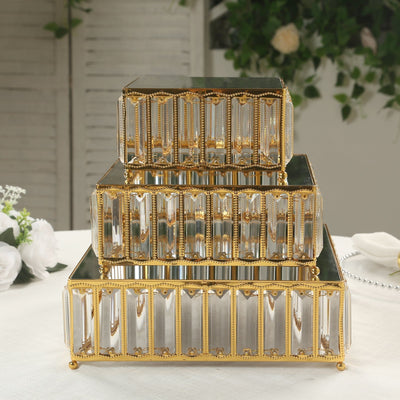 Set of 3 Gold Metal Crystal Pendant Cake Stands with Mirror Top Stackable Square Dessert Display Trays - 7’’,10’’,12’’