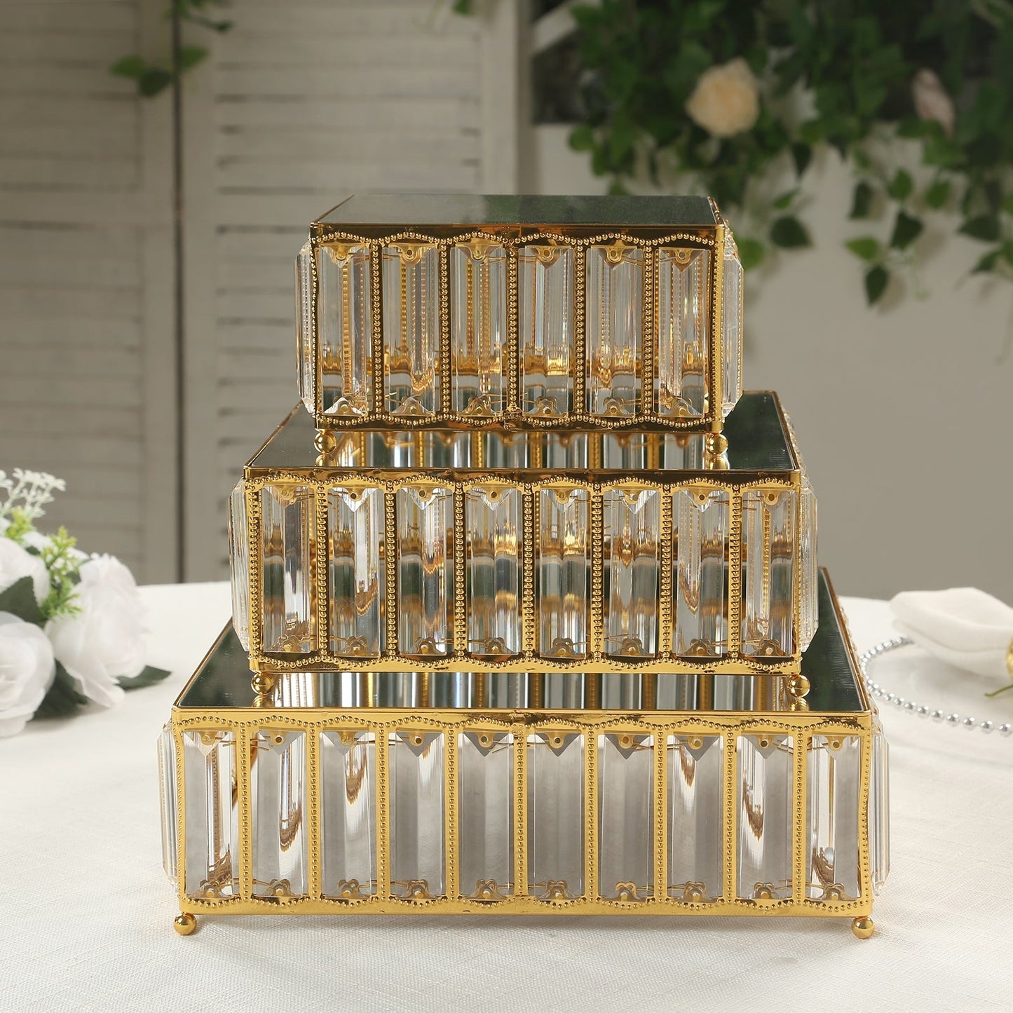 Set of 3 Gold Metal Crystal Pendant Cake Stands with Mirror Top, Stackable Square Dessert Display Trays - 7",10",12"