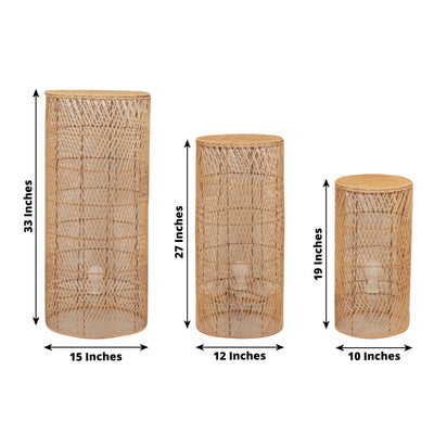Set of 3 Natural Woven Rattan Wicker Pedestal with Wave Pattern - 19’’,27’’,33’’ - Decorations