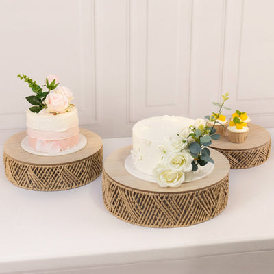 Set of 3 Pedestal Cake Stands Jute Rattan with Wooden Top Plates Natural - Stackable Round Rustic Farmhouse Design 10’’