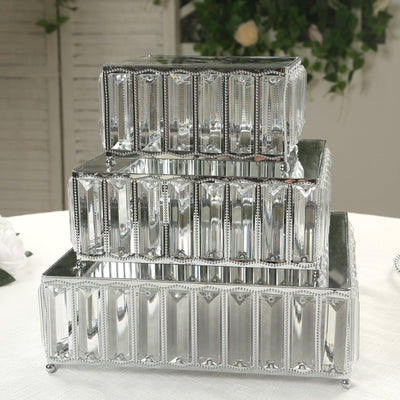 Set of 3 Silver Metal Crystal Pendant Cake Stands with Mirror Top Stackable Square Dessert Display Trays
