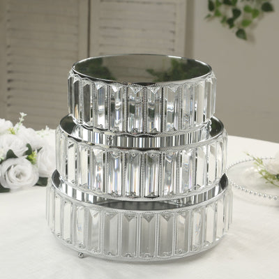 Set of 3 Silver Metal Crystal Pendant Cake Stands with Mirror Top Stackable Round Dessert Display Trays - 9’’,11’’,12’’