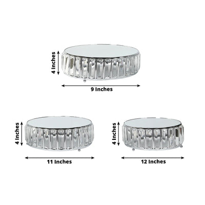 Set of 3 Silver Metal Crystal Pendant Cake Stands with Mirror Top Stackable Round Dessert Display Trays - 9’’,11’’,12’’