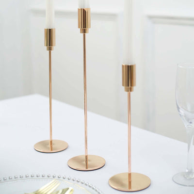 Set of 3 Taper Candle Stands Gold Metal Decorative Round Base Design - Wedding Table Accents 9", 10", 13"