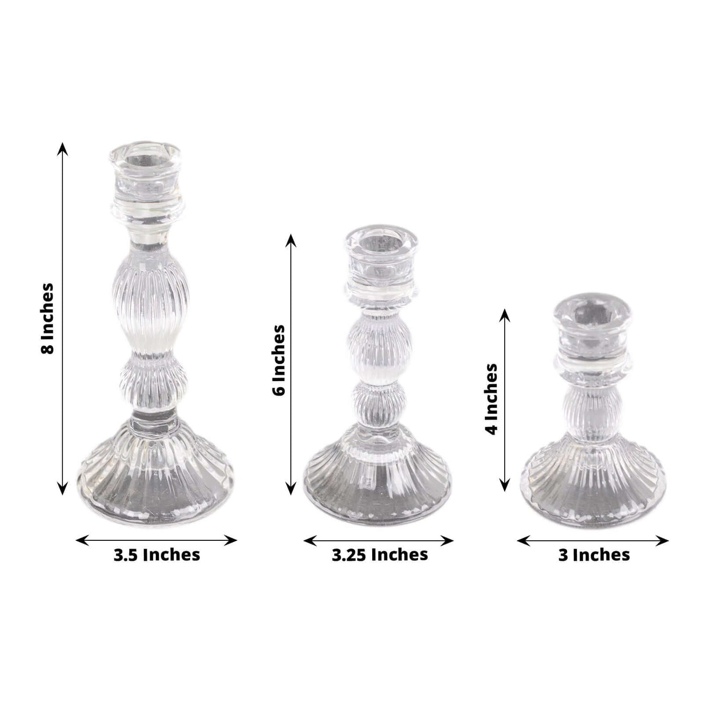 Set of 3 Glass Taper Candle Holders Fluted Design Clear - Ribbed Crystal Candlestick Stands 4", 6", 8"